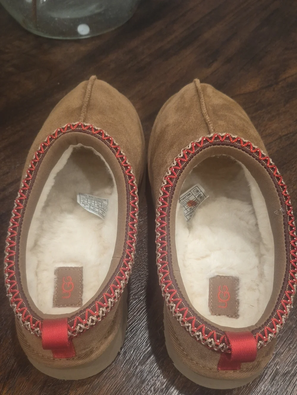 UGG Chestnut Suede Slip-On Shearling Moccasins with Red Trim Youth- 6 / Womens-8
